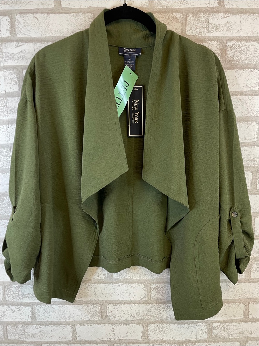 New York Clothing Company Open Front Drape Jacket Olive Green PL